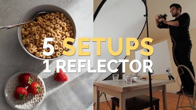 Ljusuppställning i studio för matfotografering med kamera och reflektor.